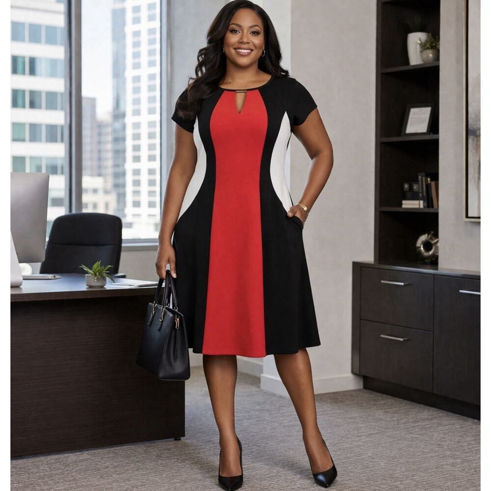 Sandra Darren Dress 22W Red Black White Colorblock A-Line Keyhole Short Sleeve